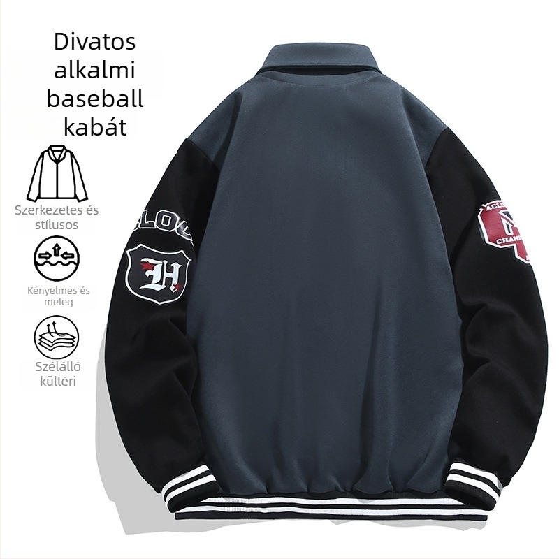 Amerikai stílusú hímzett baseball dzseki férfiaknak, lazább szabás, gallér, betűs mintázat, 70% viszkóz