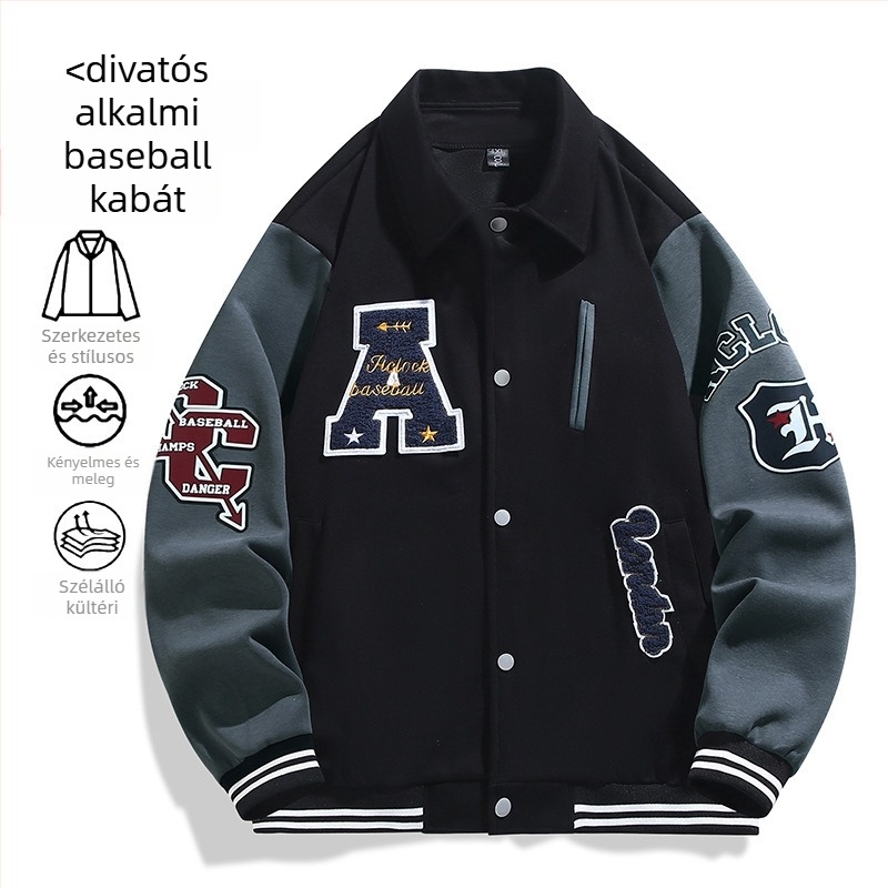 Amerikai stílusú hímzett baseball dzseki férfiaknak, lazább szabás, gallér, betűs mintázat, 70% viszkóz