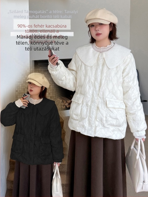 Női téli tollkabát, töltet kacsatollal, 76–90% tolltartalom, babaszerű gallér, cipzár, nylon anyag