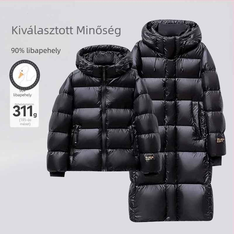 Fekete–arany libapúppal töltött női hosszú téli kabát, vastag töltettel
