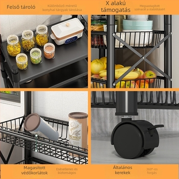 Padlón álló, 4 rétegű tárolóállvány szénacélból, mozgatható, szerelés nélkül, modern minimalista stílus; alkalmas konyha, fürdőszoba, hálószoba és nappali tárolására.