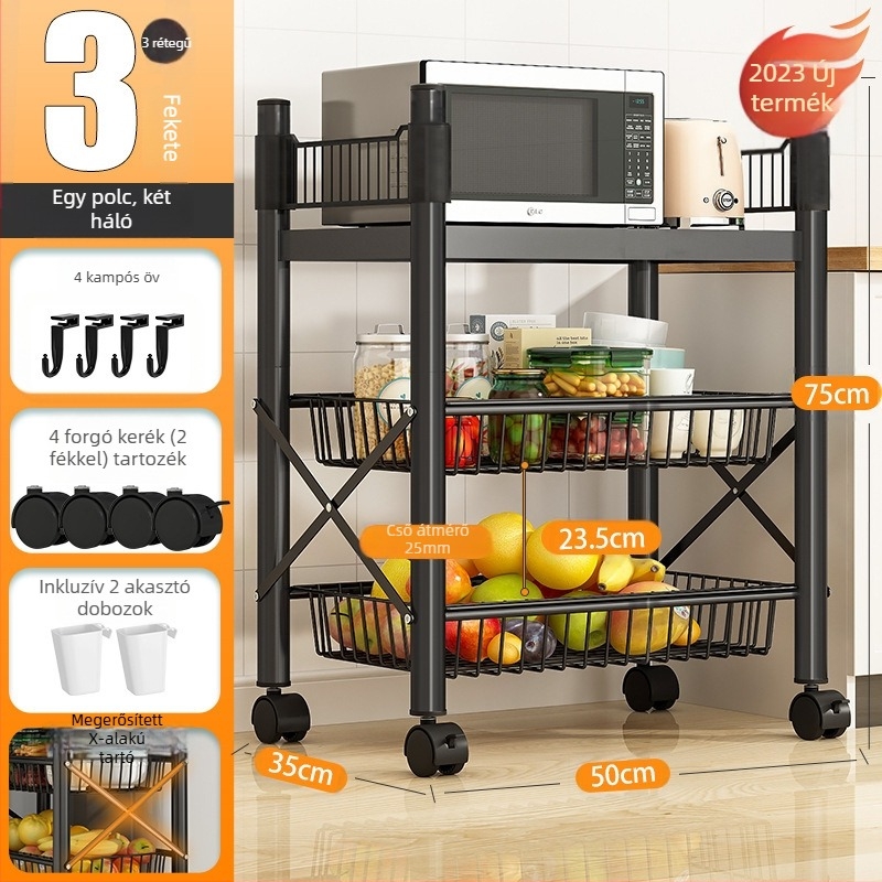 Padlón álló, 4 rétegű tárolóállvány szénacélból, mozgatható, szerelés nélkül, modern minimalista stílus; alkalmas konyha, fürdőszoba, hálószoba és nappali tárolására.