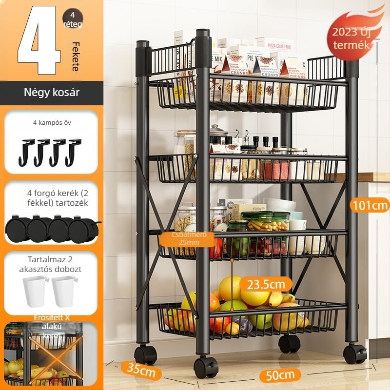 Padlón álló, 4 rétegű tárolóállvány szénacélból, mozgatható, szerelés nélkül, modern minimalista stílus; alkalmas konyha, fürdőszoba, hálószoba és nappali tárolására.
