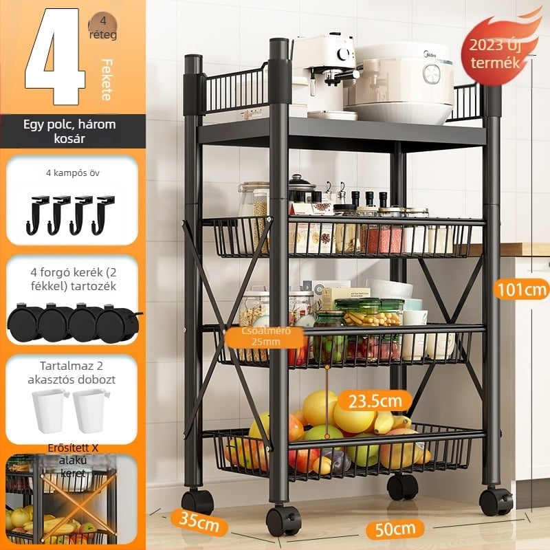 Padlón álló, 4 rétegű tárolóállvány szénacélból, mozgatható, szerelés nélkül, modern minimalista stílus; alkalmas konyha, fürdőszoba, hálószoba és nappali tárolására.