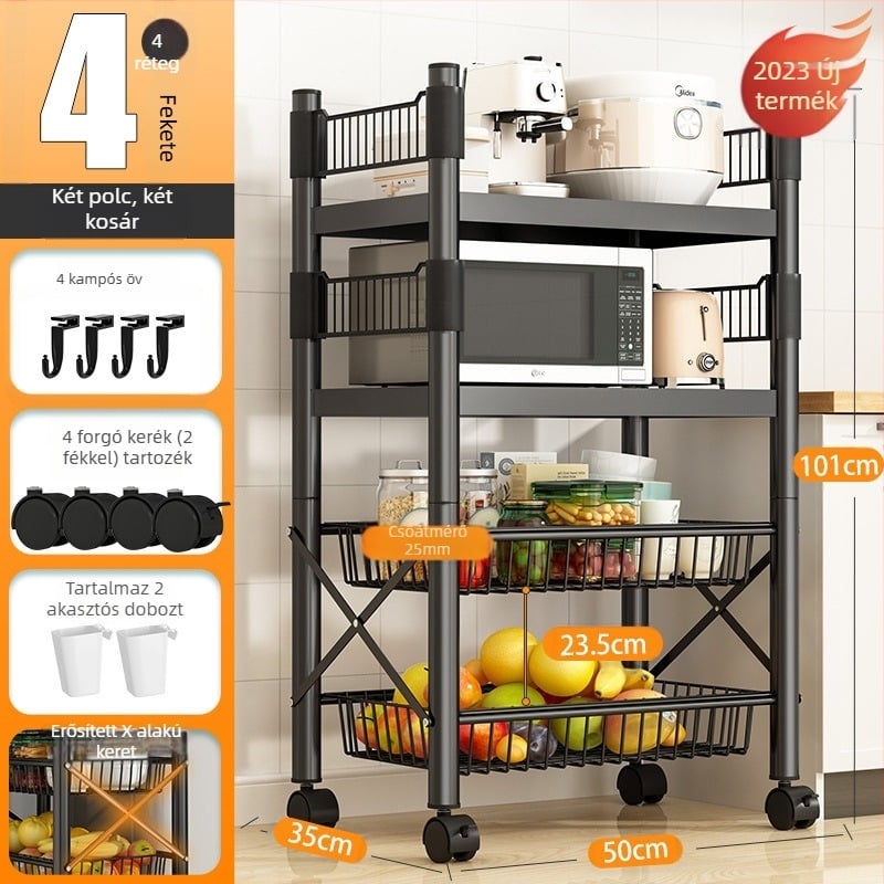 Padlón álló, 4 rétegű tárolóállvány szénacélból, mozgatható, szerelés nélkül, modern minimalista stílus; alkalmas konyha, fürdőszoba, hálószoba és nappali tárolására.