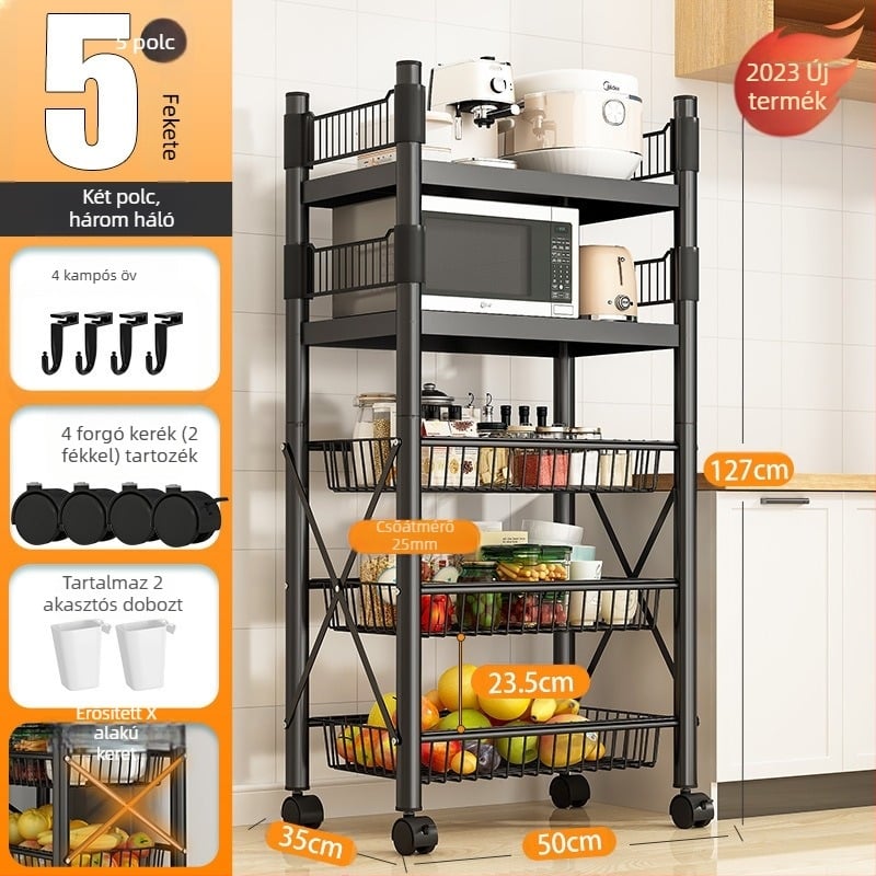 Padlón álló, 4 rétegű tárolóállvány szénacélból, mozgatható, szerelés nélkül, modern minimalista stílus; alkalmas konyha, fürdőszoba, hálószoba és nappali tárolására.