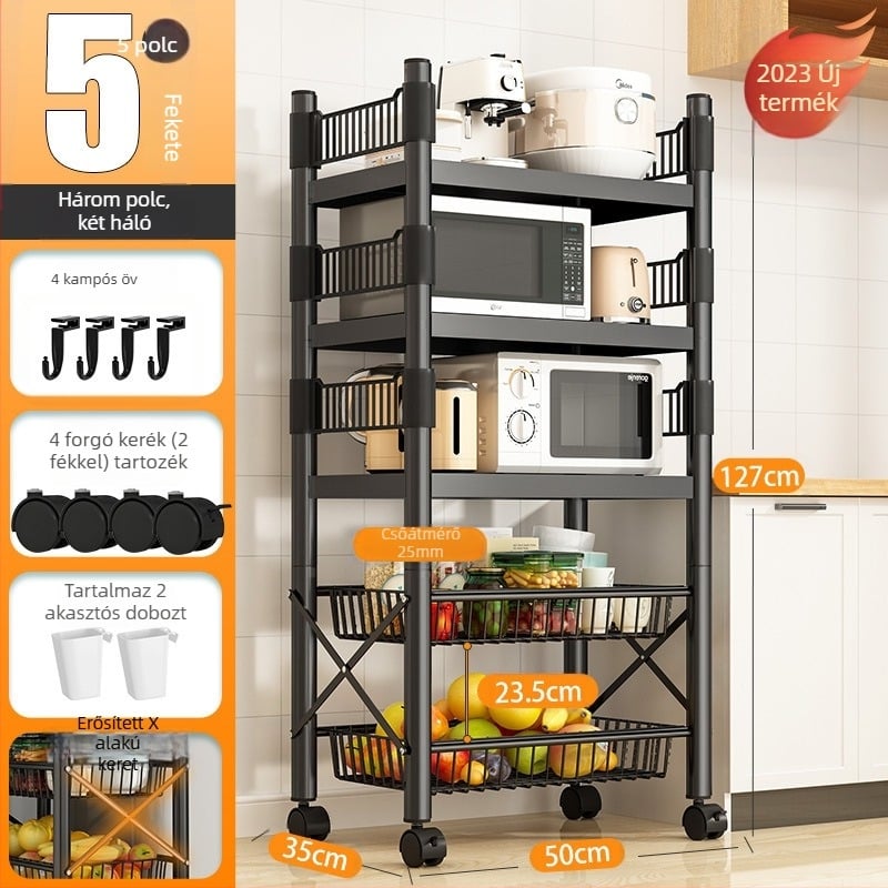 Padlón álló, 4 rétegű tárolóállvány szénacélból, mozgatható, szerelés nélkül, modern minimalista stílus; alkalmas konyha, fürdőszoba, hálószoba és nappali tárolására.