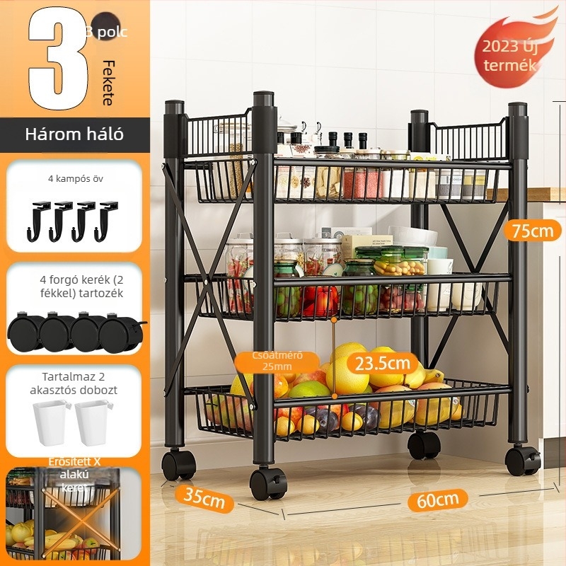 Padlón álló, 4 rétegű tárolóállvány szénacélból, mozgatható, szerelés nélkül, modern minimalista stílus; alkalmas konyha, fürdőszoba, hálószoba és nappali tárolására.