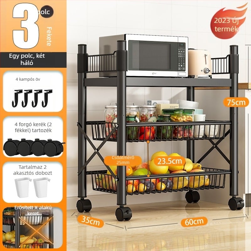 Padlón álló, 4 rétegű tárolóállvány szénacélból, mozgatható, szerelés nélkül, modern minimalista stílus; alkalmas konyha, fürdőszoba, hálószoba és nappali tárolására.