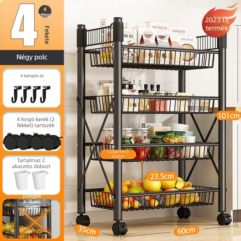 Padlón álló, 4 rétegű tárolóállvány szénacélból, mozgatható, szerelés nélkül, modern minimalista stílus; alkalmas konyha, fürdőszoba, hálószoba és nappali tárolására.