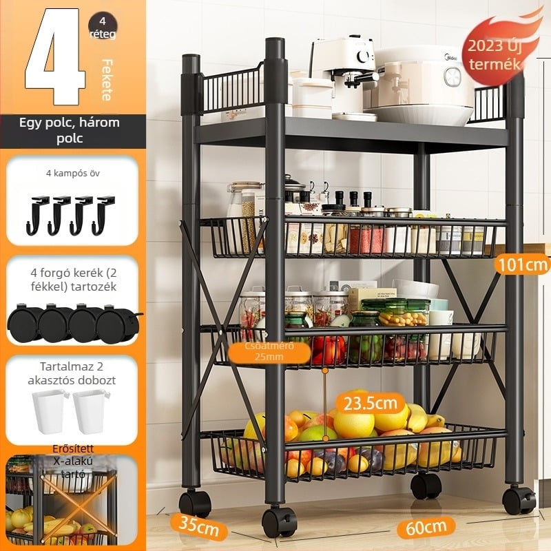 Padlón álló, 4 rétegű tárolóállvány szénacélból, mozgatható, szerelés nélkül, modern minimalista stílus; alkalmas konyha, fürdőszoba, hálószoba és nappali tárolására.