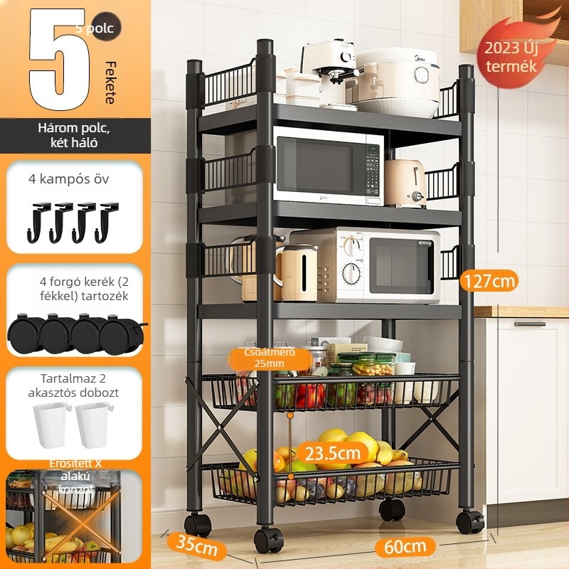 Padlón álló, 4 rétegű tárolóállvány szénacélból, mozgatható, szerelés nélkül, modern minimalista stílus; alkalmas konyha, fürdőszoba, hálószoba és nappali tárolására.