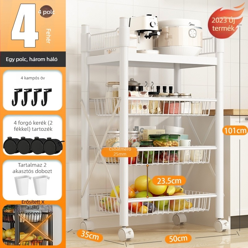 Padlón álló, 4 rétegű tárolóállvány szénacélból, mozgatható, szerelés nélkül, modern minimalista stílus; alkalmas konyha, fürdőszoba, hálószoba és nappali tárolására.
