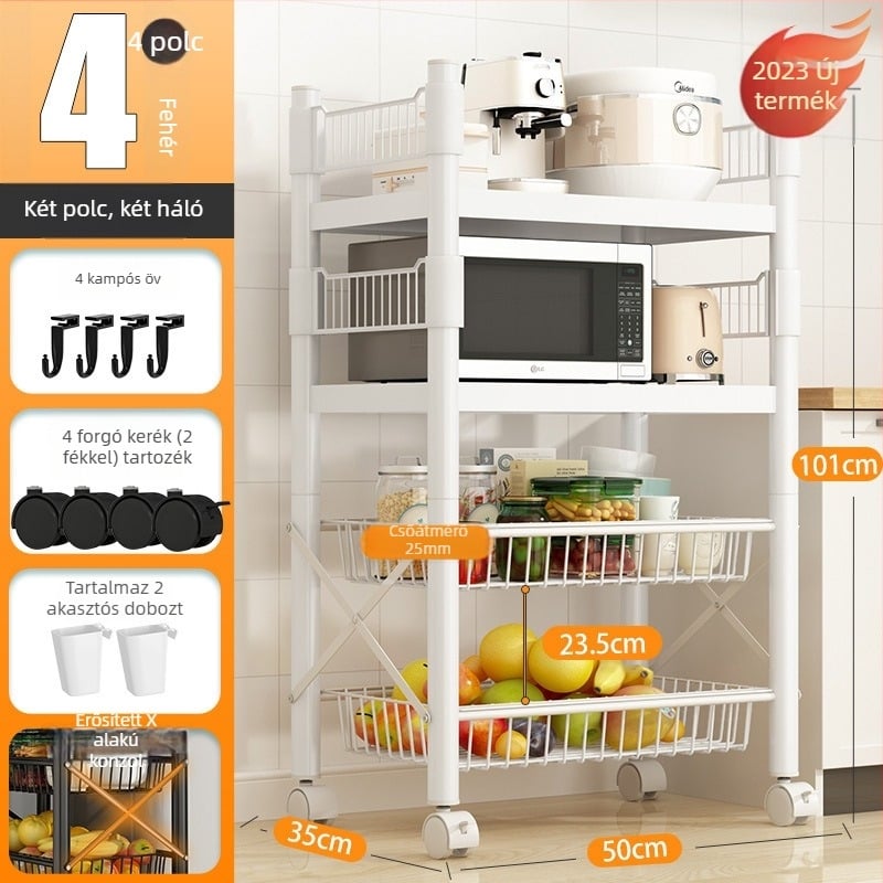 Padlón álló, 4 rétegű tárolóállvány szénacélból, mozgatható, szerelés nélkül, modern minimalista stílus; alkalmas konyha, fürdőszoba, hálószoba és nappali tárolására.