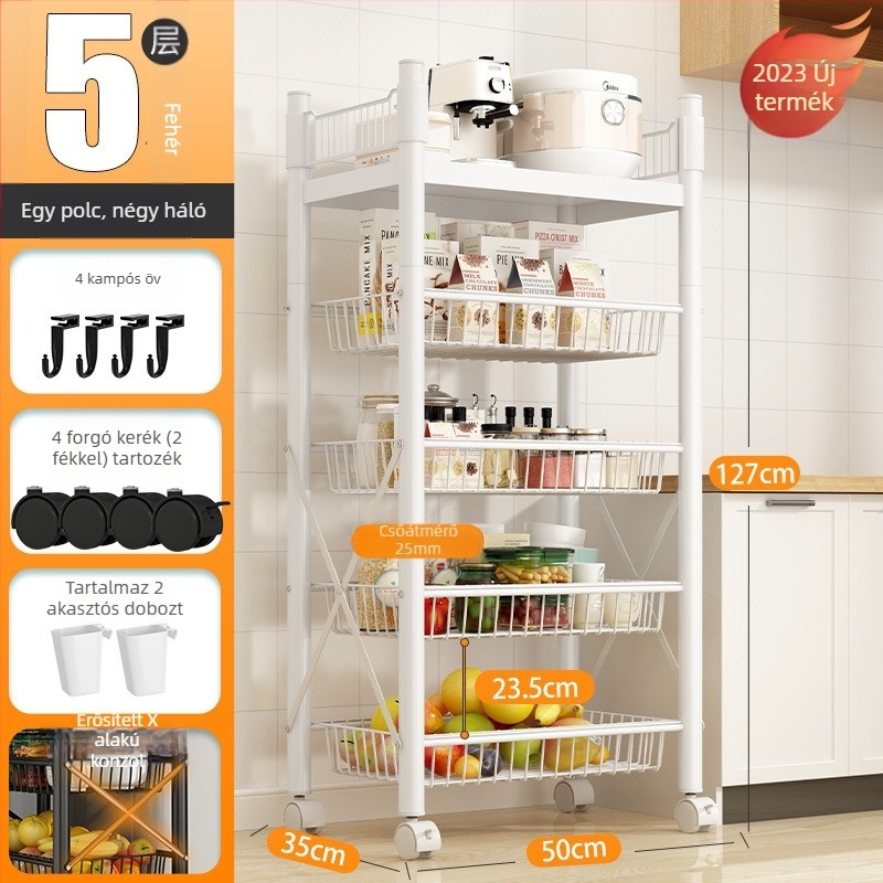 Padlón álló, 4 rétegű tárolóállvány szénacélból, mozgatható, szerelés nélkül, modern minimalista stílus; alkalmas konyha, fürdőszoba, hálószoba és nappali tárolására.