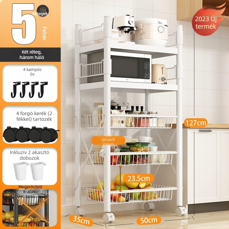 Padlón álló, 4 rétegű tárolóállvány szénacélból, mozgatható, szerelés nélkül, modern minimalista stílus; alkalmas konyha, fürdőszoba, hálószoba és nappali tárolására.