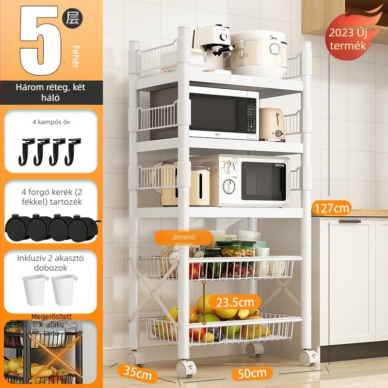 Padlón álló, 4 rétegű tárolóállvány szénacélból, mozgatható, szerelés nélkül, modern minimalista stílus; alkalmas konyha, fürdőszoba, hálószoba és nappali tárolására.