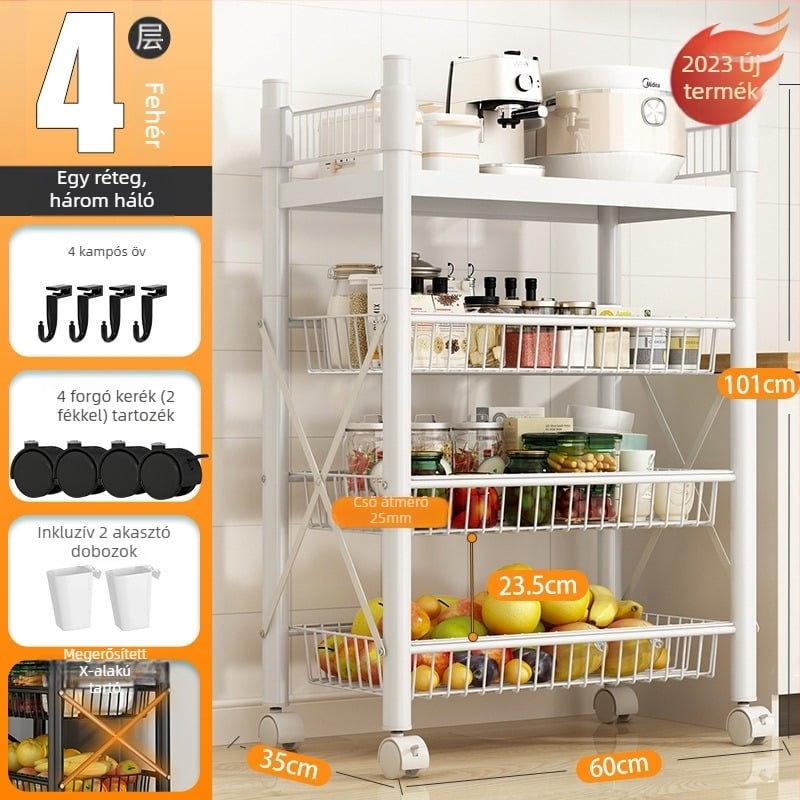 Padlón álló, 4 rétegű tárolóállvány szénacélból, mozgatható, szerelés nélkül, modern minimalista stílus; alkalmas konyha, fürdőszoba, hálószoba és nappali tárolására.