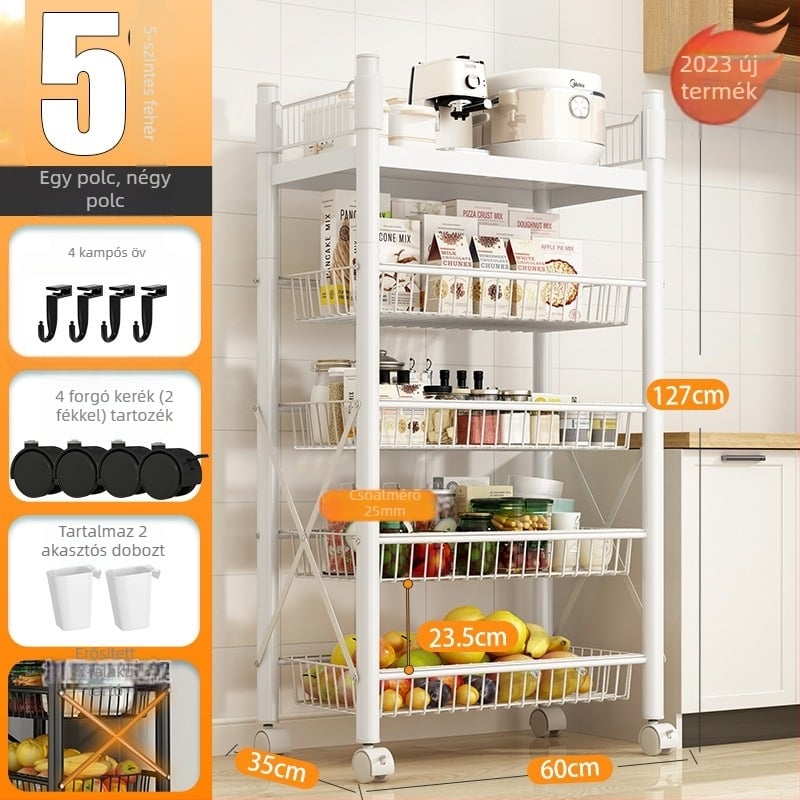 Padlón álló, 4 rétegű tárolóállvány szénacélból, mozgatható, szerelés nélkül, modern minimalista stílus; alkalmas konyha, fürdőszoba, hálószoba és nappali tárolására.