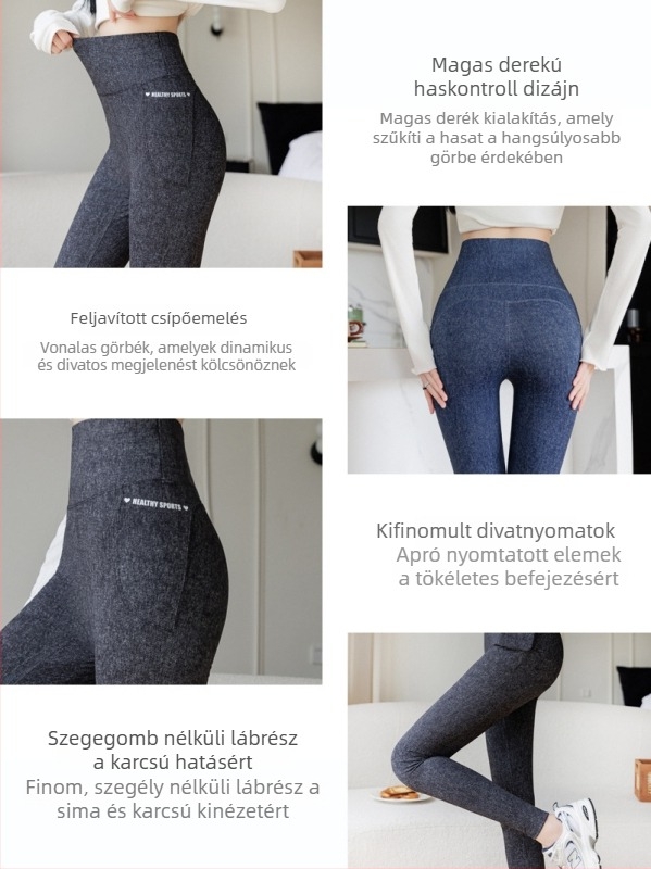 Női jóga nadrág imitált farmeranyagból, derékformázó, fenékemelő, zsebes, 9/10 hossz