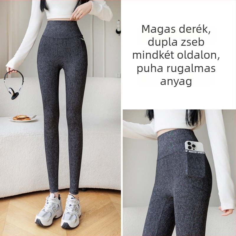 Női jóga nadrág imitált farmeranyagból, derékformázó, fenékemelő, zsebes, 9/10 hossz