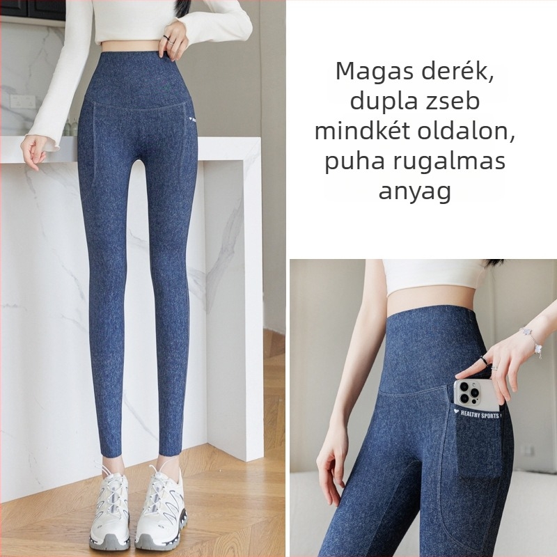 Női jóga nadrág imitált farmeranyagból, derékformázó, fenékemelő, zsebes, 9/10 hossz