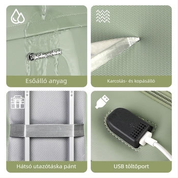 Üzleti utazó hátizsák ütésálló gyöngyház párnázattal, rekesz laptophoz, USB-port, vízálló és légáteresztő