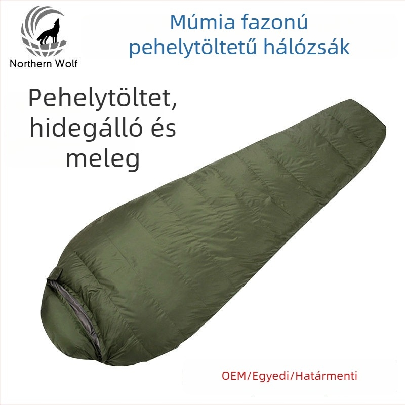 Múmiastílusú pehelyalvó téli kempingezéshez, felnőtt, nejlon külső, 320T pongee bélés, kacsa tollal töltve, testreszabható töltet