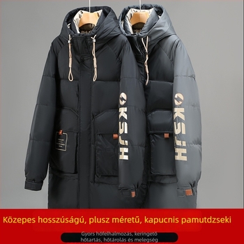 Pluszméretű férfi pamut bélelt kabát kapucnival, középhosszú, lazán szabott, téli viselet