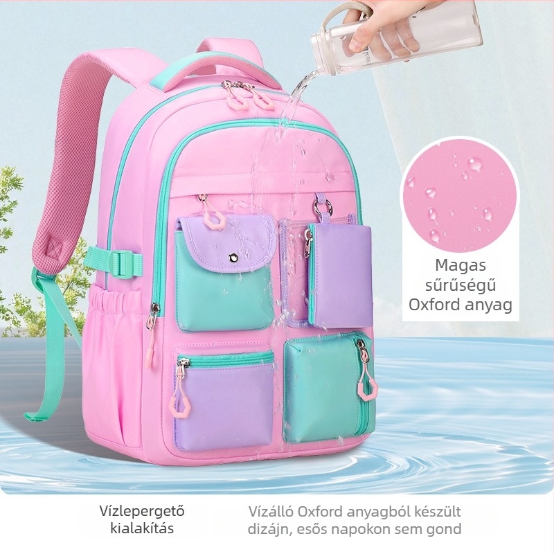 Színblokkoló, nagy kapacitású iskolatáska légpárnás vállpántokkal, uniszex, Oxford vászon, laptop hordozó