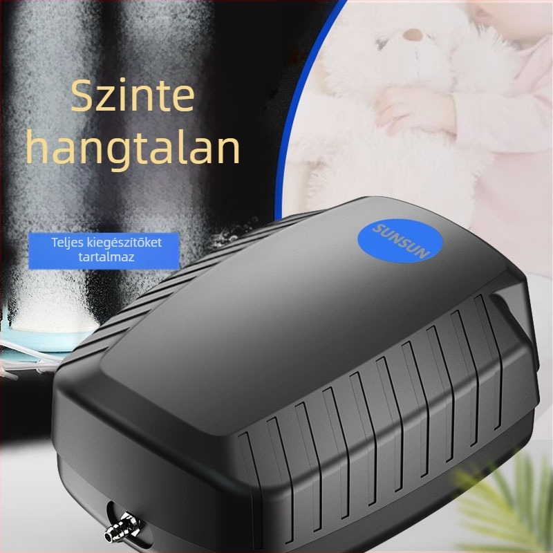 Tóoxigénpumpa halas tóhoz – csendes SUNSUN, AC tápegység, zaj 50 dB, súly 2–9 kg