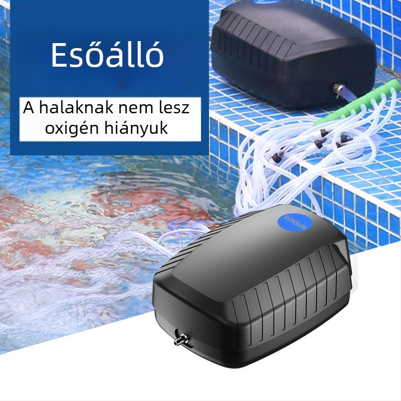 Tóoxigénpumpa halas tóhoz – csendes SUNSUN, AC tápegység, zaj 50 dB, súly 2–9 kg