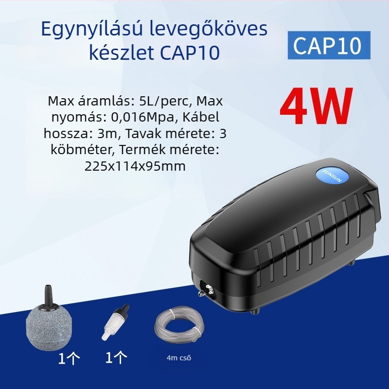 Tóoxigénpumpa halas tóhoz – csendes SUNSUN, AC tápegység, zaj 50 dB, súly 2–9 kg