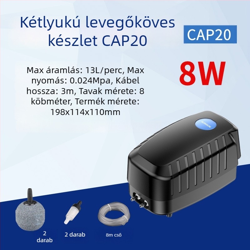 Tóoxigénpumpa halas tóhoz – csendes SUNSUN, AC tápegység, zaj 50 dB, súly 2–9 kg