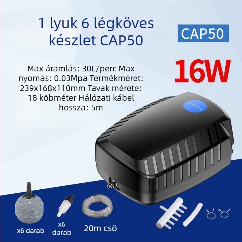 Tóoxigénpumpa halas tóhoz – csendes SUNSUN, AC tápegység, zaj 50 dB, súly 2–9 kg