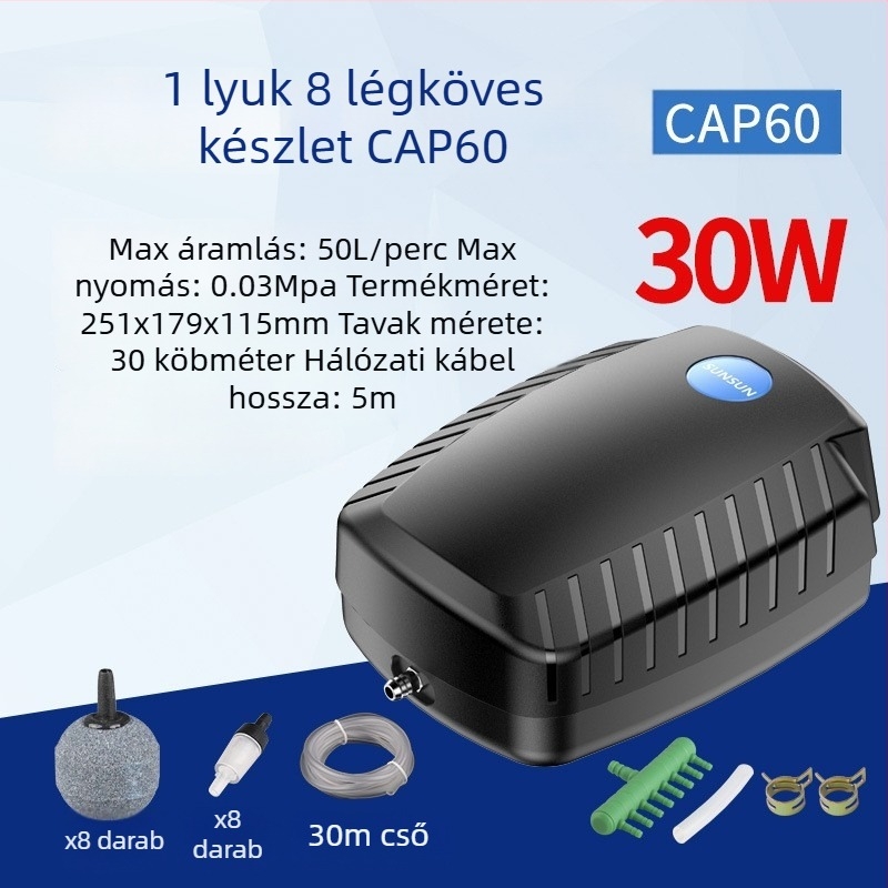 Tóoxigénpumpa halas tóhoz – csendes SUNSUN, AC tápegység, zaj 50 dB, súly 2–9 kg