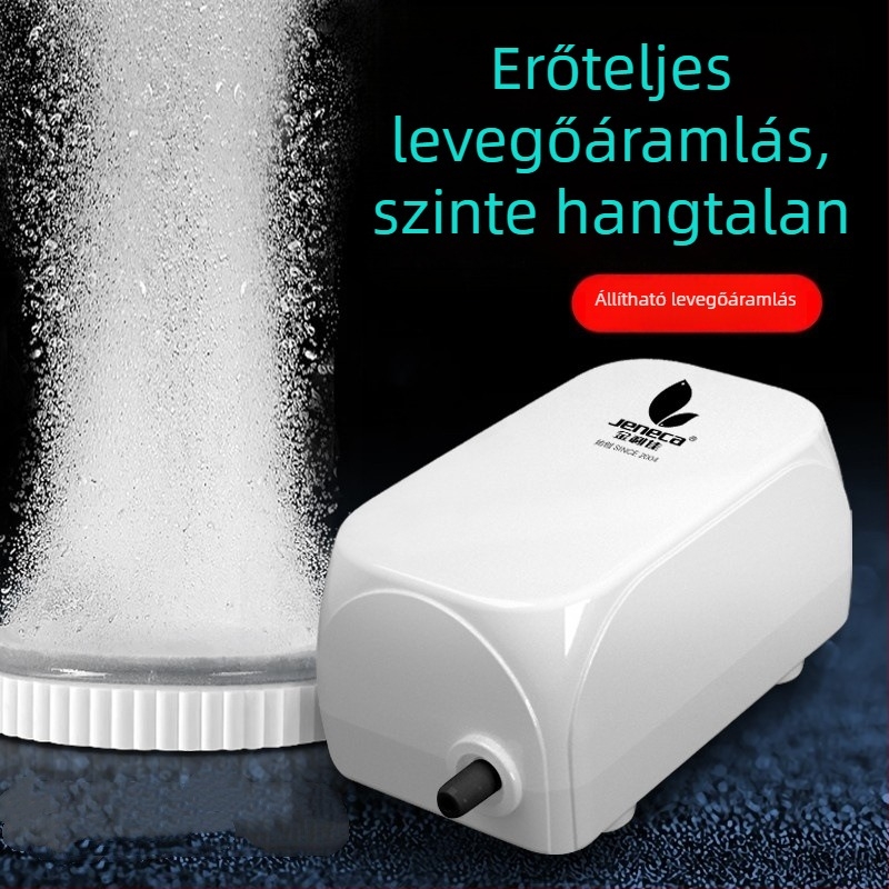 Jeneca Jinlijia Akvárium oxigénpumpa — kicsi, csendes otthoni használatra; oxigénator és oxigéngenerátor; tömeg 500 g; zaj < 40 dB; AC tápegység