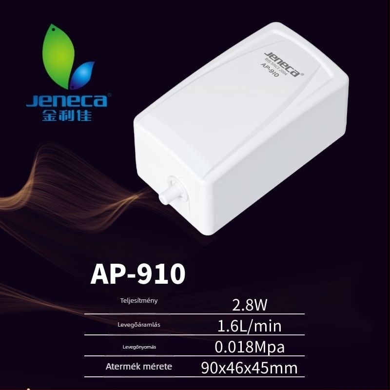 Jeneca Jinlijia Akvárium oxigénpumpa — kicsi, csendes otthoni használatra; oxigénator és oxigéngenerátor; tömeg 500 g; zaj < 40 dB; AC tápegység
