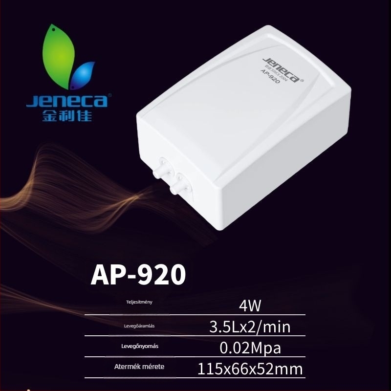 Jeneca Jinlijia Akvárium oxigénpumpa — kicsi, csendes otthoni használatra; oxigénator és oxigéngenerátor; tömeg 500 g; zaj < 40 dB; AC tápegység