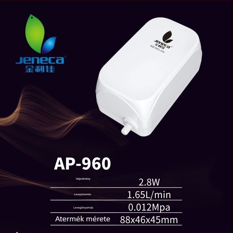 Jeneca Jinlijia Akvárium oxigénpumpa — kicsi, csendes otthoni használatra; oxigénator és oxigéngenerátor; tömeg 500 g; zaj < 40 dB; AC tápegység