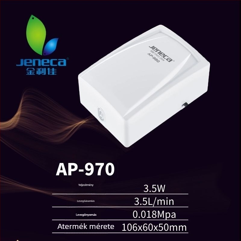 Jeneca Jinlijia Akvárium oxigénpumpa — kicsi, csendes otthoni használatra; oxigénator és oxigéngenerátor; tömeg 500 g; zaj < 40 dB; AC tápegység