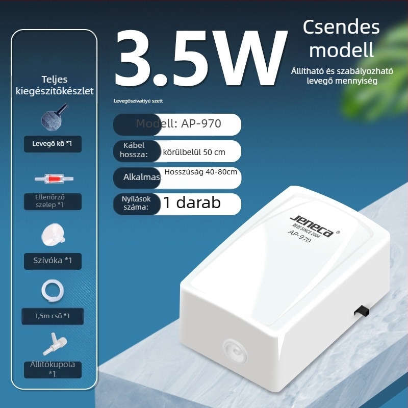Jeneca Jinlijia Akvárium oxigénpumpa — kicsi, csendes otthoni használatra; oxigénator és oxigéngenerátor; tömeg 500 g; zaj < 40 dB; AC tápegység