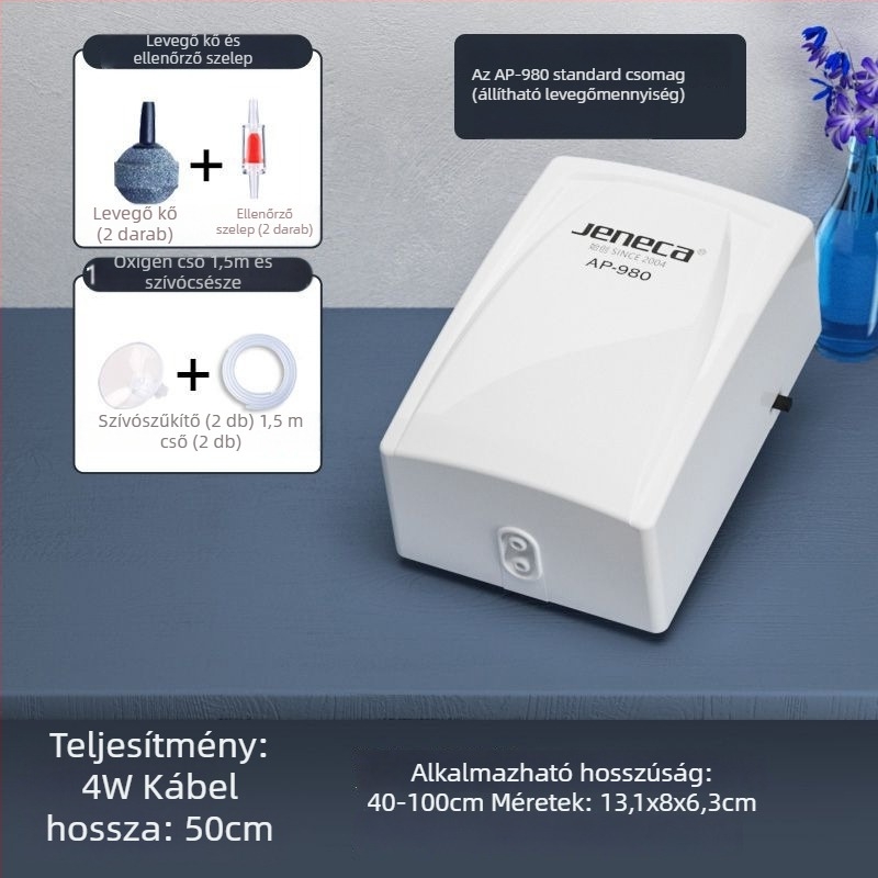 Jeneca Jinlijia Akvárium oxigénpumpa — kicsi, csendes otthoni használatra; oxigénator és oxigéngenerátor; tömeg 500 g; zaj < 40 dB; AC tápegység