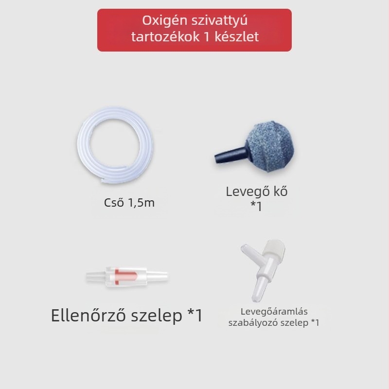 Jeneca Jinlijia Akvárium oxigénpumpa — kicsi, csendes otthoni használatra; oxigénator és oxigéngenerátor; tömeg 500 g; zaj < 40 dB; AC tápegység