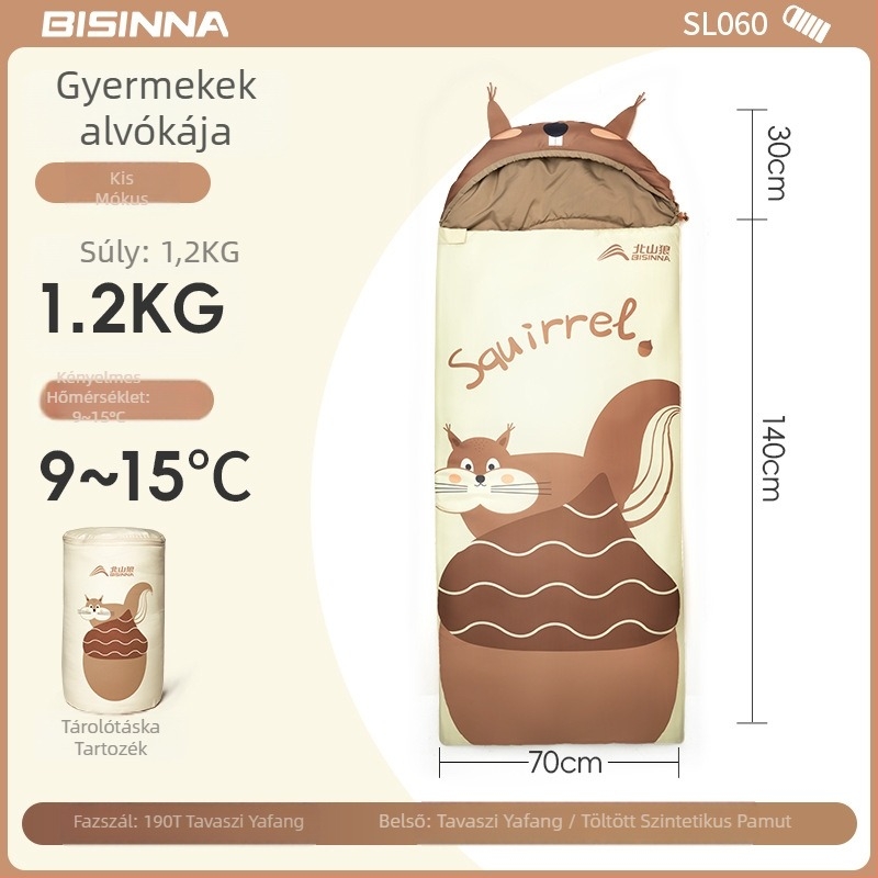 Gyermekeknek szóló hálózsák kültéri kempingezéshez — boríték típusú kialakítás, poliészter rost töltet, mosott pamut bélés
