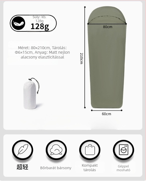 Nylon hálószák belső bélés, kempingezéshez, mumia stílus, 128 g, felnőtteknek, szennyeződésálló