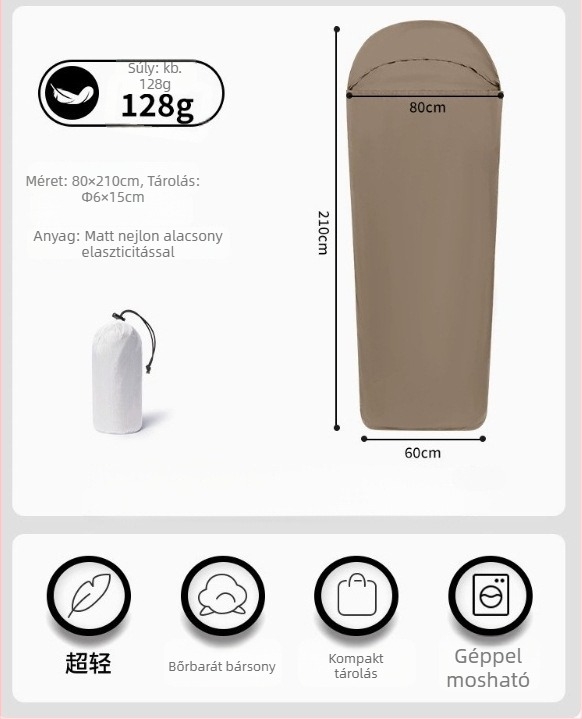 Nylon hálószák belső bélés, kempingezéshez, mumia stílus, 128 g, felnőtteknek, szennyeződésálló
