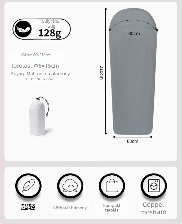 Nylon hálószák belső bélés, kempingezéshez, mumia stílus, 128 g, felnőtteknek, szennyeződésálló