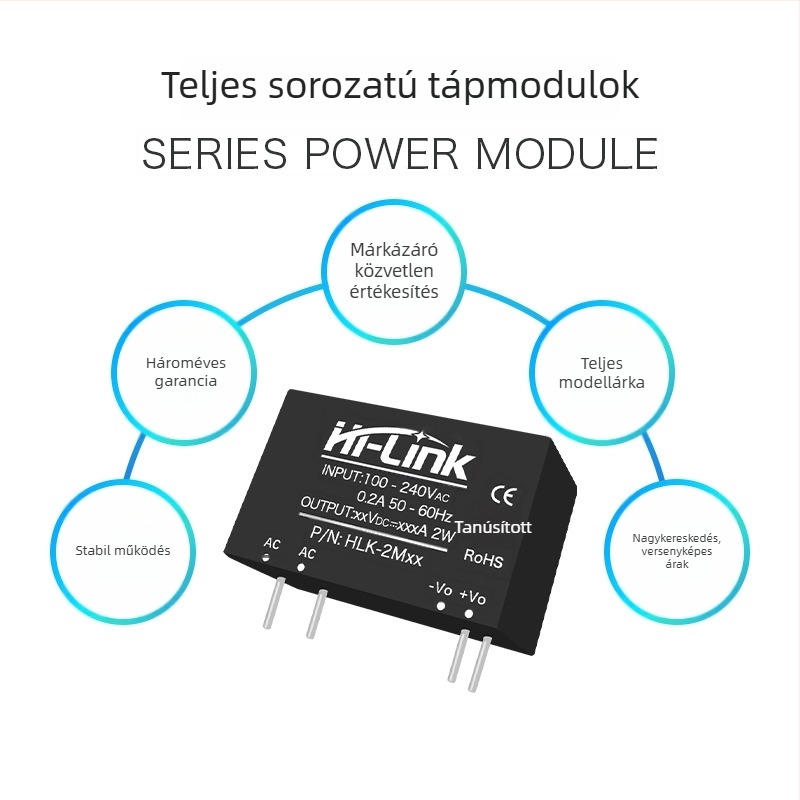 AC-DC tápegység modul, 2W sorozat, bemenet 220V AC, kimenet DC 3.3/5/9/12/15/24V, lépcsőzetes szabályozó, egykimenetű