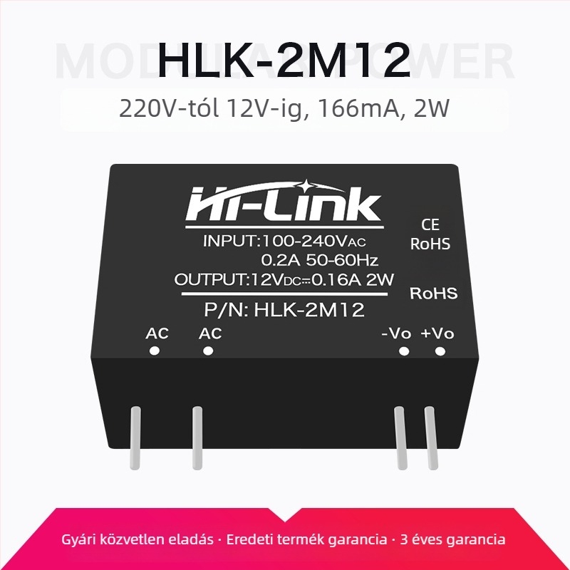 AC-DC tápegység modul, 2W sorozat, bemenet 220V AC, kimenet DC 3.3/5/9/12/15/24V, lépcsőzetes szabályozó, egykimenetű